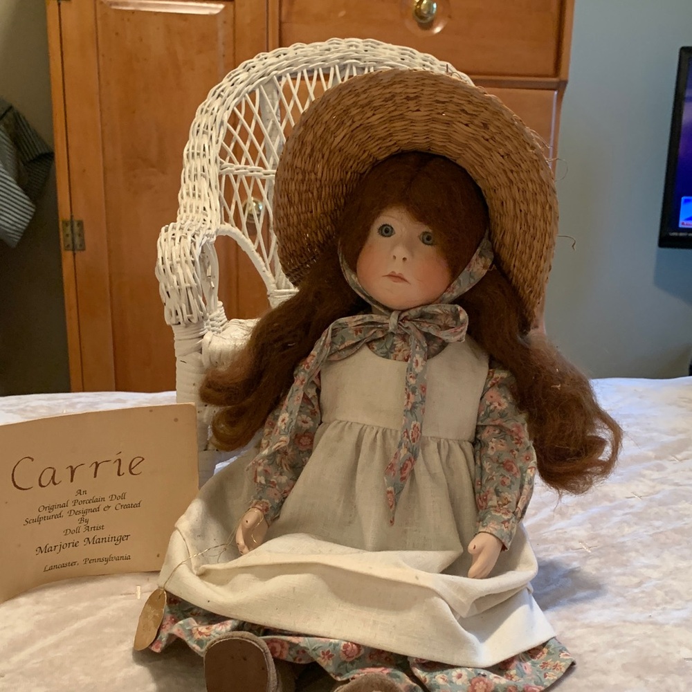 Porcelain Carrie Doll with Straw Bonnet and Floral Dress